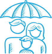 Animated family under an umbrella