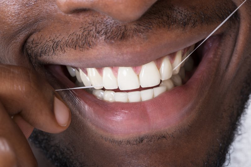 closeup of man flossing between teeth