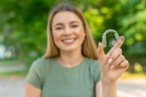Woman holding up her Invisalign tray
